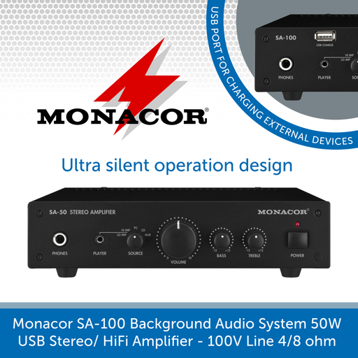Monacor SA-100 Background Audio System 50W USB Stereo/ HiFi Amplifier - 100V Line 4/8 ohm