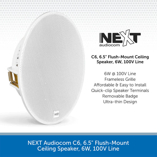 NEXT Audiocom C6, 6.5" Flush-Mount Ceiling Speaker, 6W, 100V Line