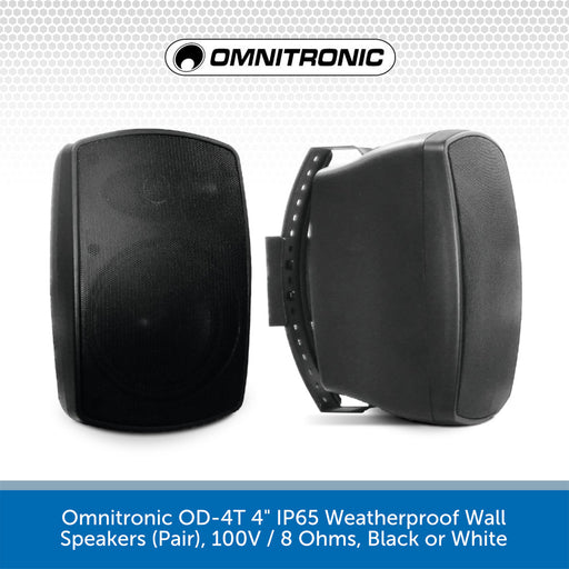 Omnitronic OD-4T 4" IP65 Weatherproof Wall Speakers (Pair), 100V / 8 Ohms, Black or White