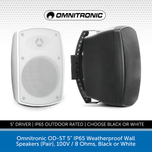 Omnitronic OD-5T 5" IP65 Weatherproof Wall Speakers (Pair), 100V / 8 Ohms, Black or White