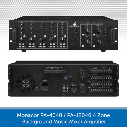 Monacor 4-Zone Background Music System with Volume Control & Source Selection - 8, 10 or 12 Ceiling Speakers