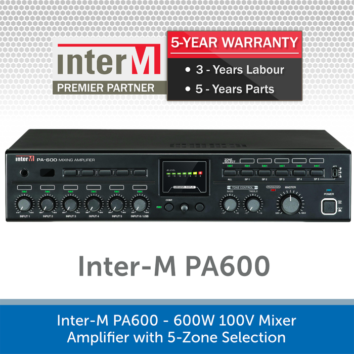 Inter-M PA600 - 600W 100V Mixer Amplifier with 5-Zone Selection