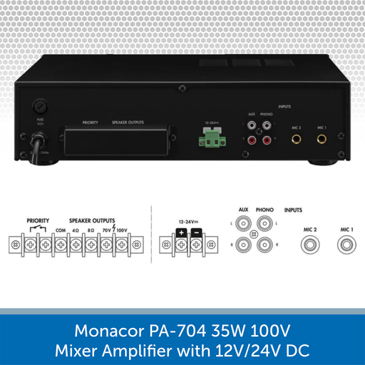 Monacor PA-704 35W 100V Mixer Amplifier with 12V/24V DC