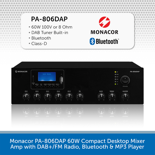 Monacor PA-806DAP 60W Compact Desktop Mixer Amp with DAB+/FM Radio, Bluetooth & MP3 Player