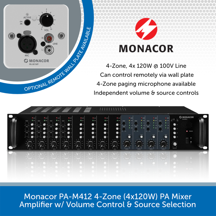 Monacor PA-M412 4-Zone (4x120W) PA Mixer Amplifier w/ Volume Control & Source Selection