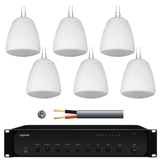 Warehouse Music System with 6x 32W Pendant Speakers in White