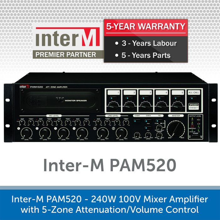 Inter-M PAM520 - 240W 100V Mixer Amplifier with 5-Zone Attenuation/Volume Control