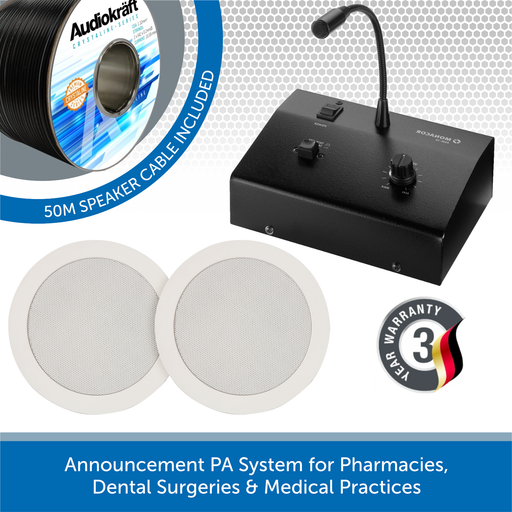 Announcement PA System for Pharmacies, Dental Surgeries & Medical Practices - 2x In-Ceiling Speakers