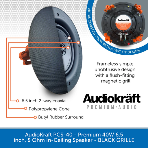 AudioKraft PCS-40 Black Ceiling Speaker - Premium 40W 6.5 inch 8 Ohms