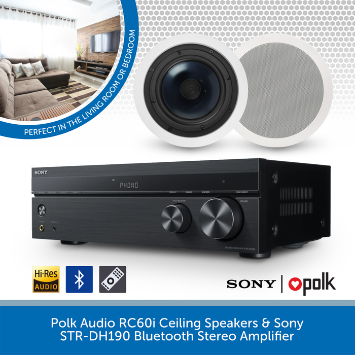 Polk Audio RC60i Ceiling Speakers & Sony STR-DH190 Bluetooth Stereo Amplifier