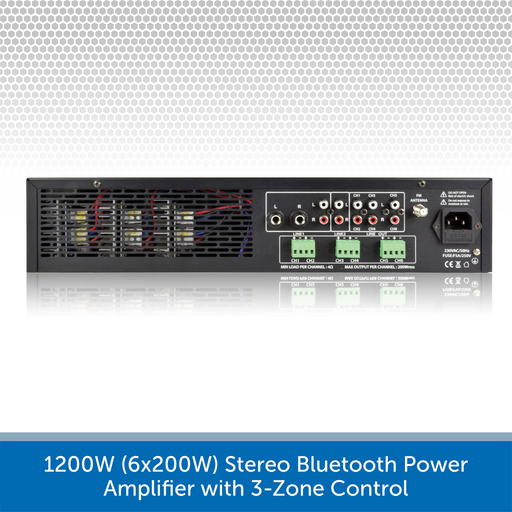 1200W (6x200W) Stereo Bluetooth Power Amplifier with 3-Zone Control