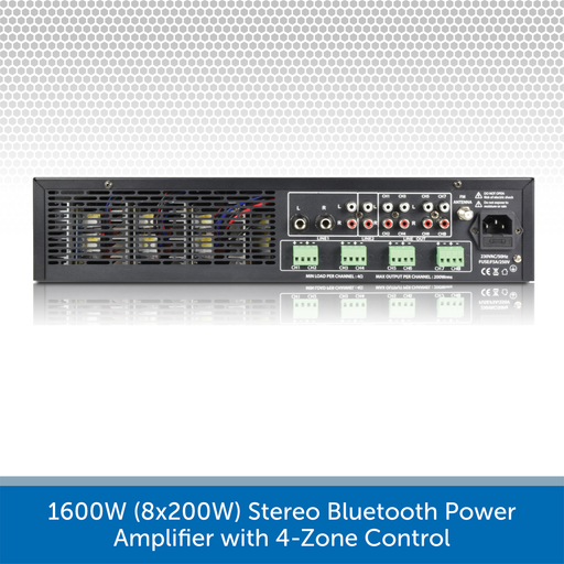 1600W (8x200W) Stereo Bluetooth Power Amplifier with 4-Zone Control