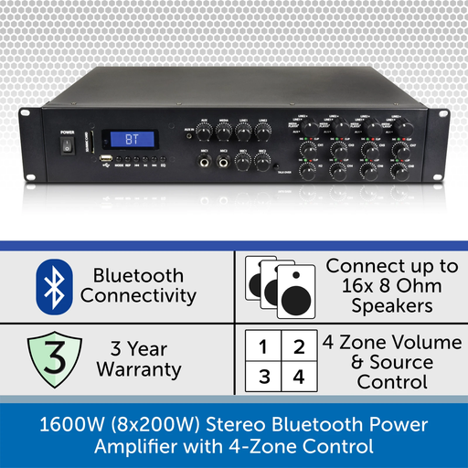 1600W (8x200W) Stereo Bluetooth Power Amplifier with 4-Zone Control