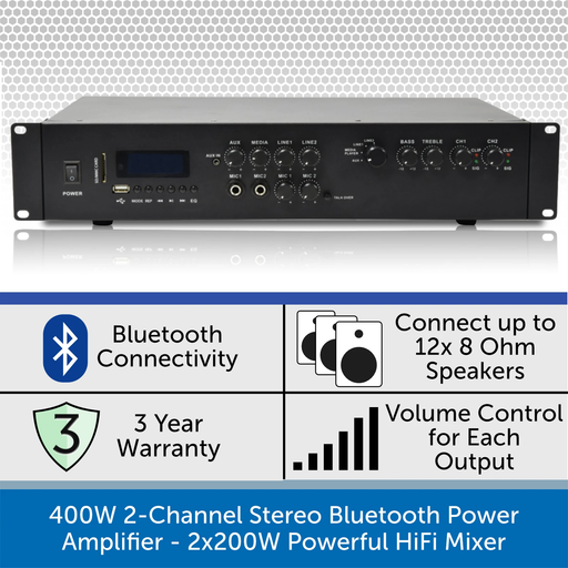 400W 2-Channel Stereo Bluetooth Power Amplifier - 2x200W Powerful HiFi Mixer