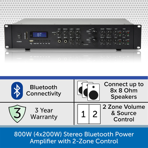 800W Stereo Bluetooth Power Amplifier with Premium Wall Speakers