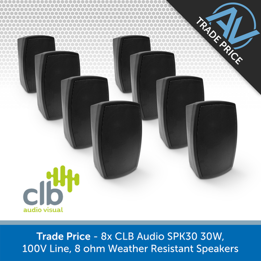 Trade Pack - 8x CLB Audio SPK30 Indoor/Outdoor Wall-Mount Speakers, 100V & 8 Ohm (Black or White)