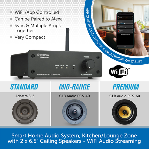 Smart Home Audio System, Kitchen/Lounge Zone with 2 x 6.5" Ceiling Speakers - WiFi Audio Streaming