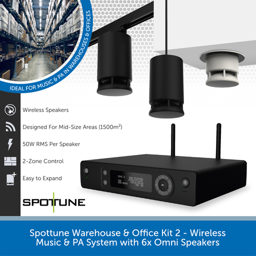 Spottune Warehouse & Office Kit 2 - Wireless Music & PA System with 6x Omni Speakers