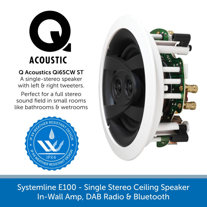 Systemline E100 - Wetroom IPX4 Single Stereo In-Ceiling Speaker System, DAB Radio & Bluetooth