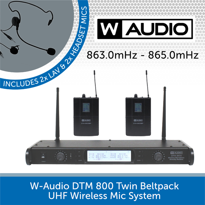 W-Audio DTM 800 Twin Beltpack UHF Wireless Mic System (863.0mHz-865.0mHz)