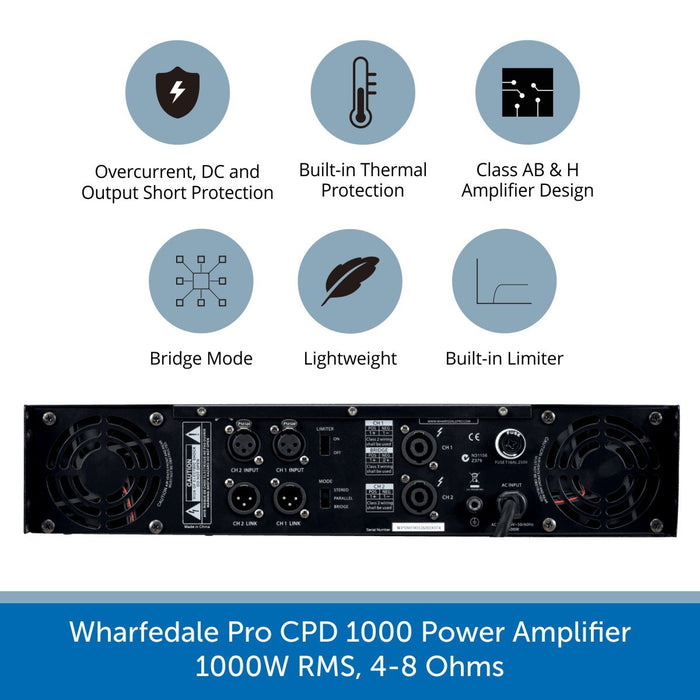 Back of a Wharfedale Pro CPD 1000 Power Amplifier, 1000W RMS, 4-8 Ohms