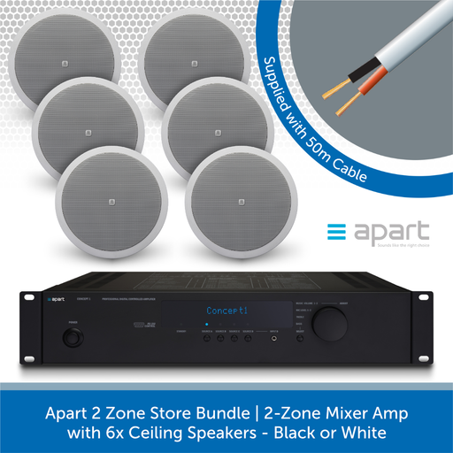 Apart 2 Zone Store Bundle | 2-Zone Mixer Amp with 6x Ceiling Speakers WHITE