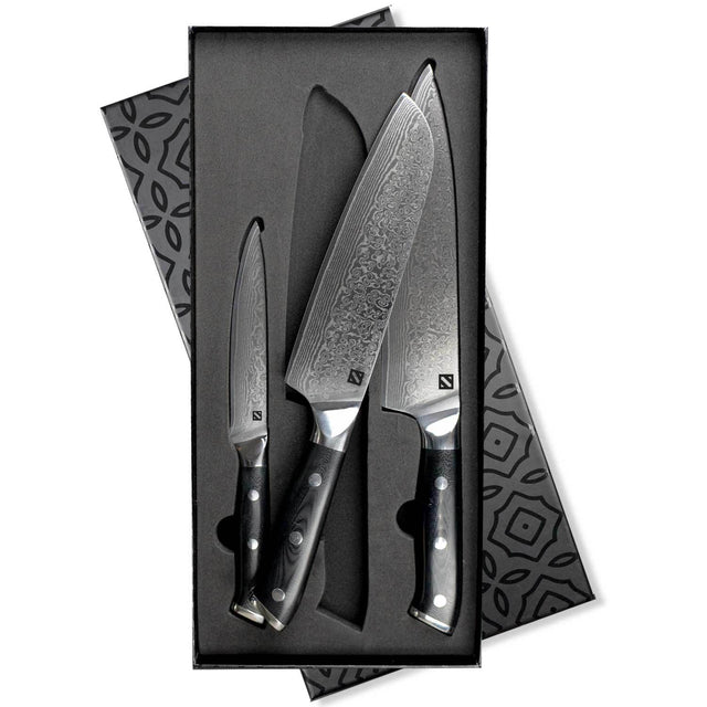 3 Piece Damascus Knife Set VG10 High Carbon Steel Core, Polished G10 Marketfleet Inc.