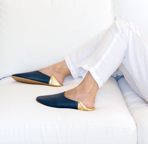 Jill Burrows blue leather slippers