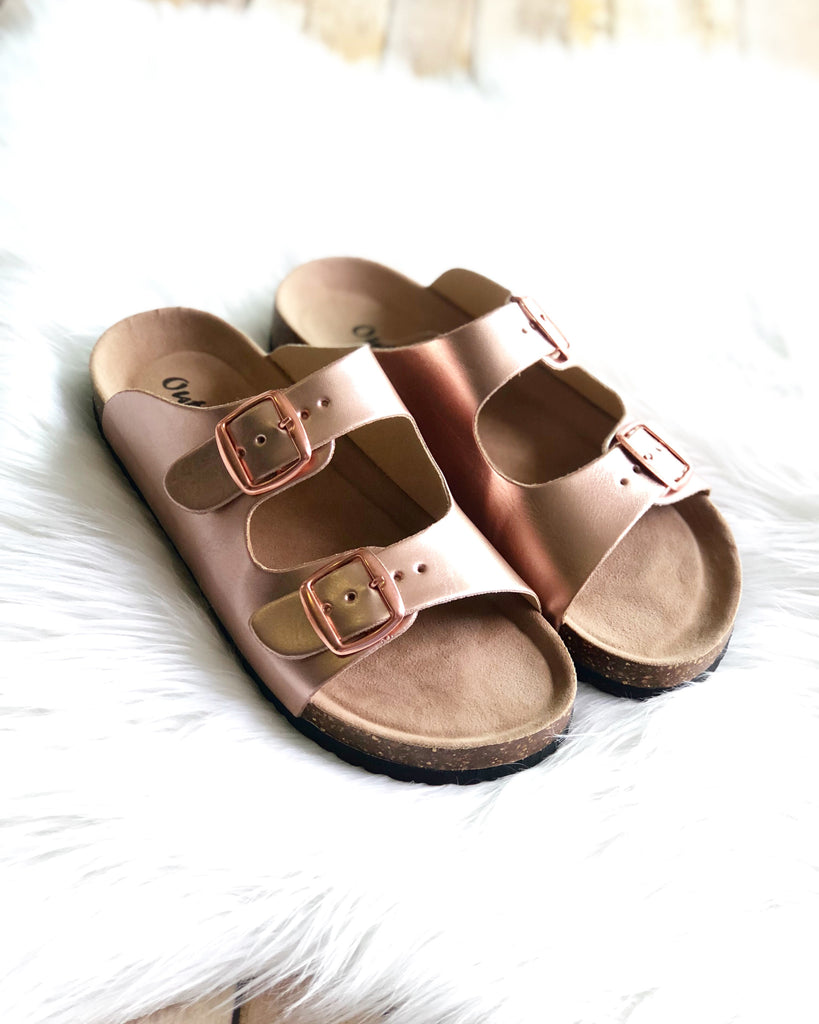 rose gold double buckle sandals