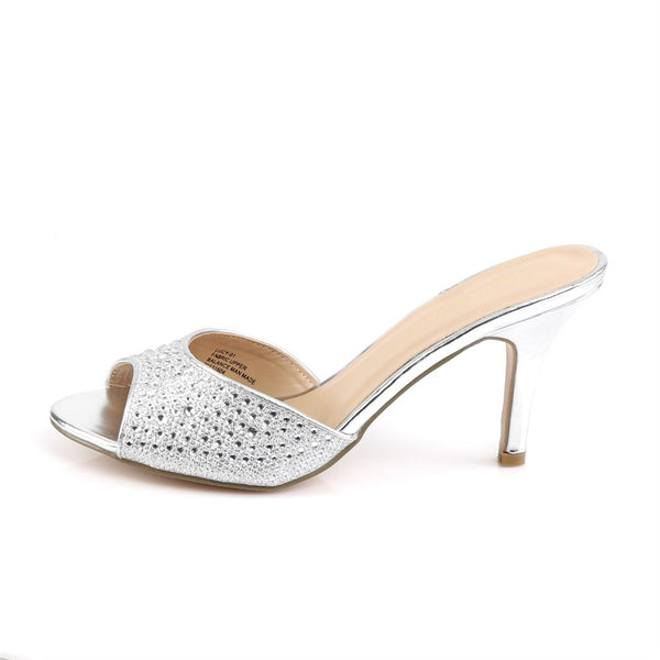 PLEASER LUCY-01 Silver Shimmer Fabric Rhinestone Peep Toe Cute Formal High Heels 