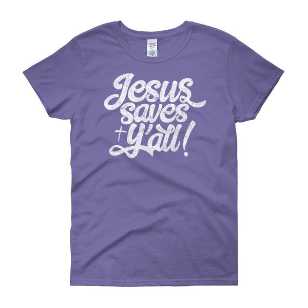 Jesus Saves Ya all Womans Christian Tee in violet color