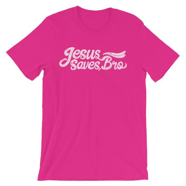 Jesus Saves Bro Cursive tee shirt design in berry pink color