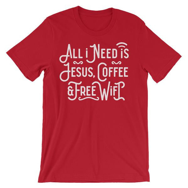 Red Christian Tee Showing the Coffee and Jesus slogan