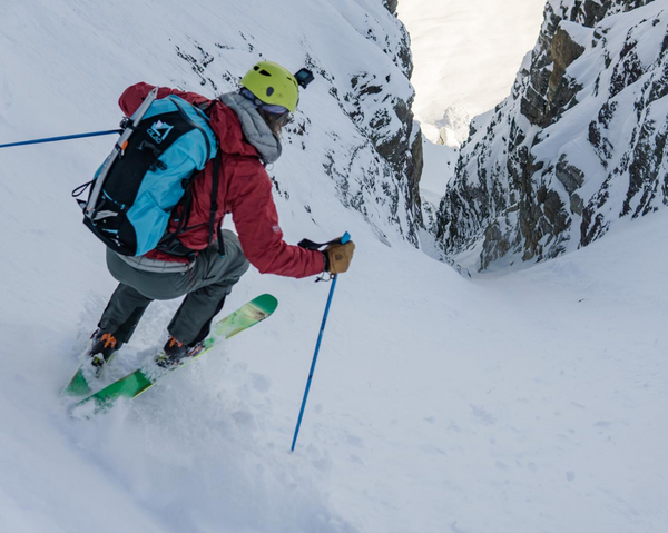 Matt skiing down Funnel of death bow peak