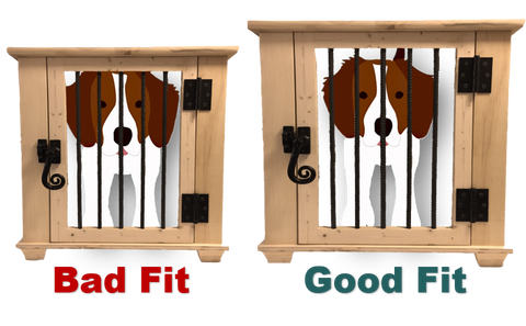Example of a good fitting dog crate and a bad fitting dog crate infographic