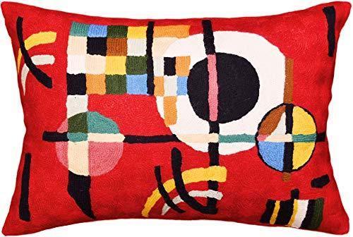 Lumbar Decorative Pillow Cover Red Kandinsky Elements Hand Embroidered Wool 14x20