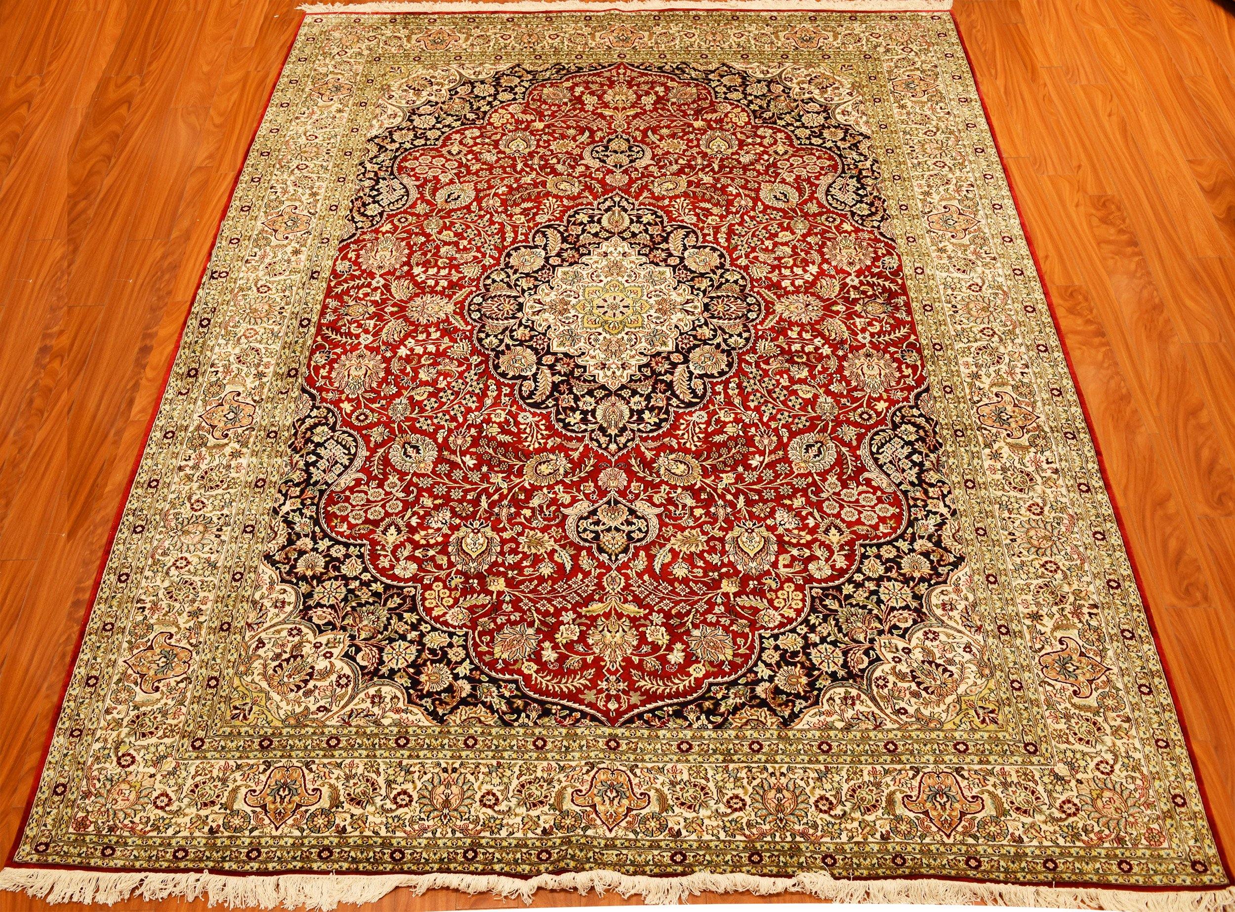 Yilong 9' x 12' Oriental Persian Silk Traditional Rugs Hand Knotted Medallion Design Living Room Carpet 