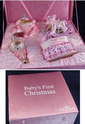 4-Piece Pink Baby's First Christmas Girl Glass Ornament Boxed Gift Set