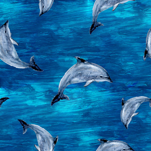 sea End of the project remnant 25x27 ocean Hawaiian 100% cotton fabric Bold bright blues blue dolphin dolphins Island