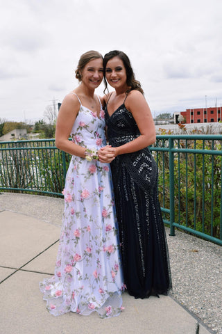 Floral Lace Prom Dresses with Straps V-neck Aline Long Open Back Beautiful Prom Dress JKS541
