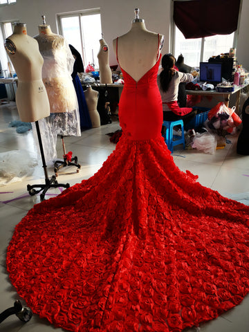 Red Mermaid Prom Dresses Spaghetti Straps Trumpet Sweep Train Rose Lace Prom Dress JKL1117