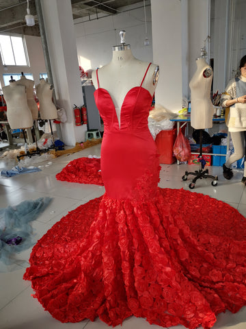 Red Mermaid Prom Dresses Spaghetti Straps Trumpet Sweep Train Rose Lace Prom Dress JKL1117