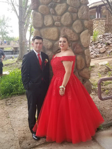 Ball Cown Prom Dresses Off-the-shoulder Sweep Train Long Red Prom Dress JKL632