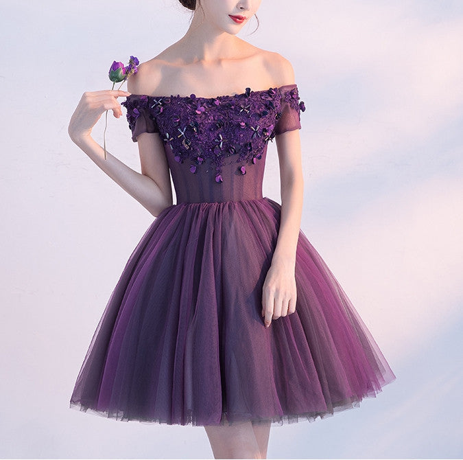 2022 Homecoming Dress Purple Off The Shoulder Short Prom Dress Party D