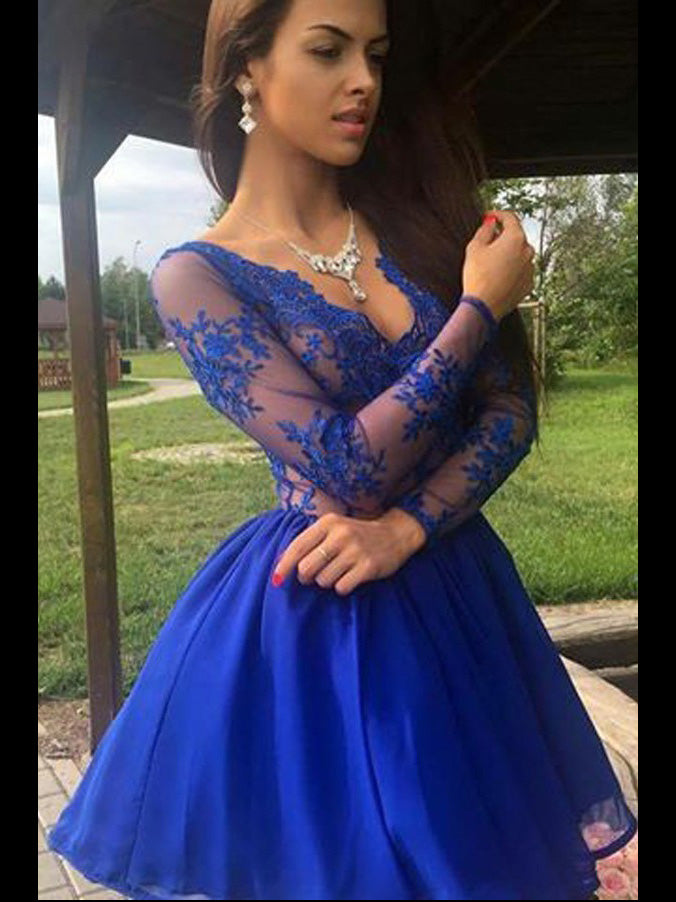 Royal Blue Homecoming Dress A Line V Neck Appliques Chiffon Short Prom Anna Promdress 8344