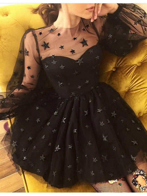 Long Sleeve Homecoming Dresses Stars Lace Short Black Prom Dress Party 