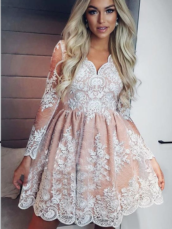 Long Sleeve Dresses Lace Aline Short Prom Dress Party Dress