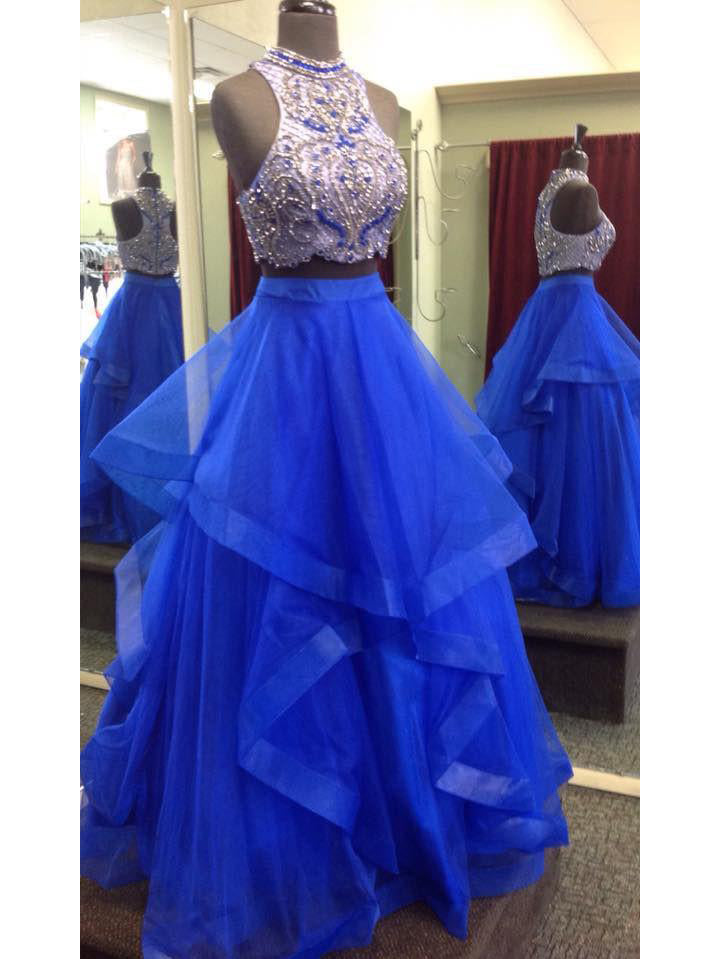 Two Piece Prom Dresses High Neck Floor Length Royal Blue Tulle Prom Dr Anna Promdress 