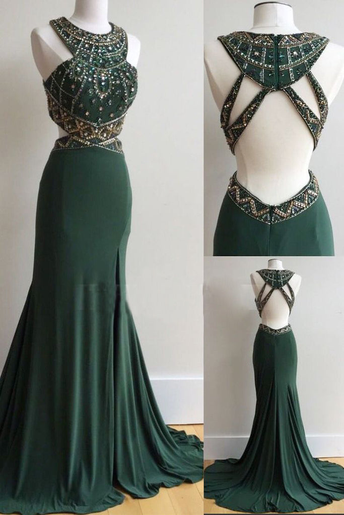 Dark Green Prom Dresses Column Scoop Rhinestone Long Prom Dress Sexy E Anna Promdress 