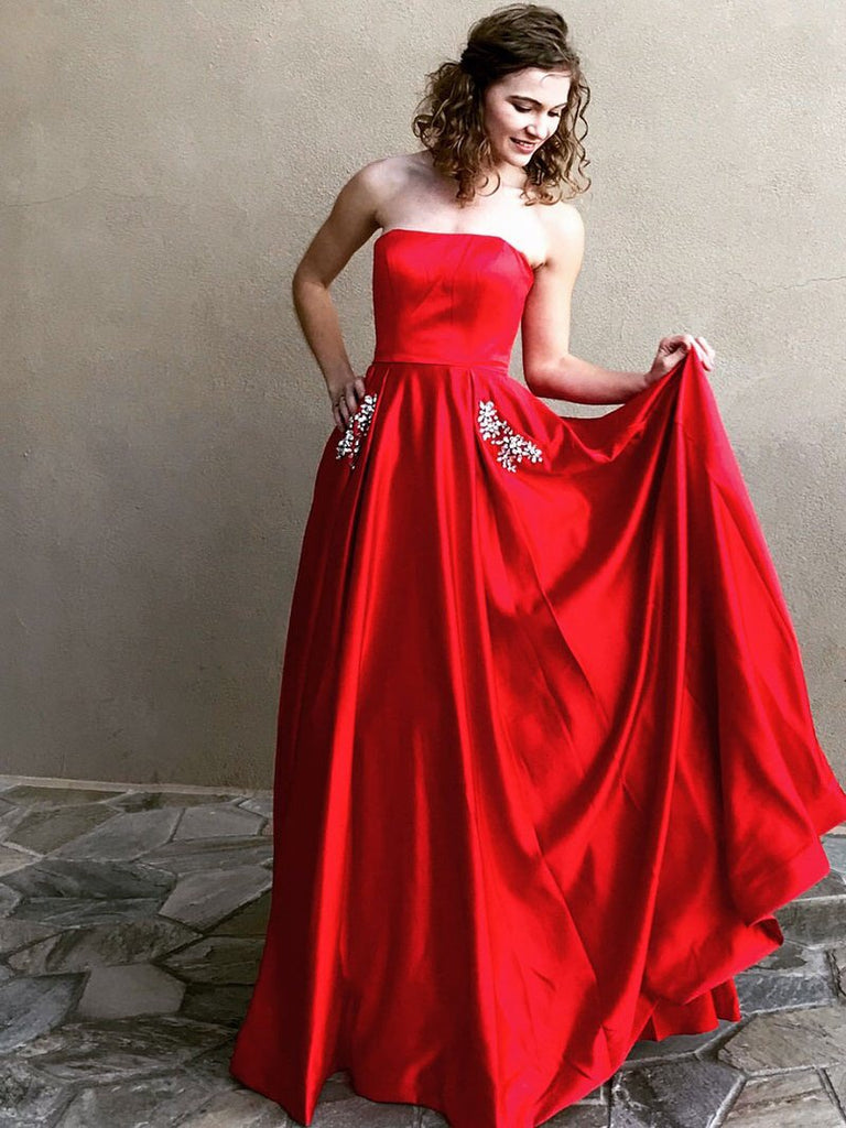 Long Prom Dresses Strapless A-line Rhinestone Long Satin Simple Prom D – Anna PromDress